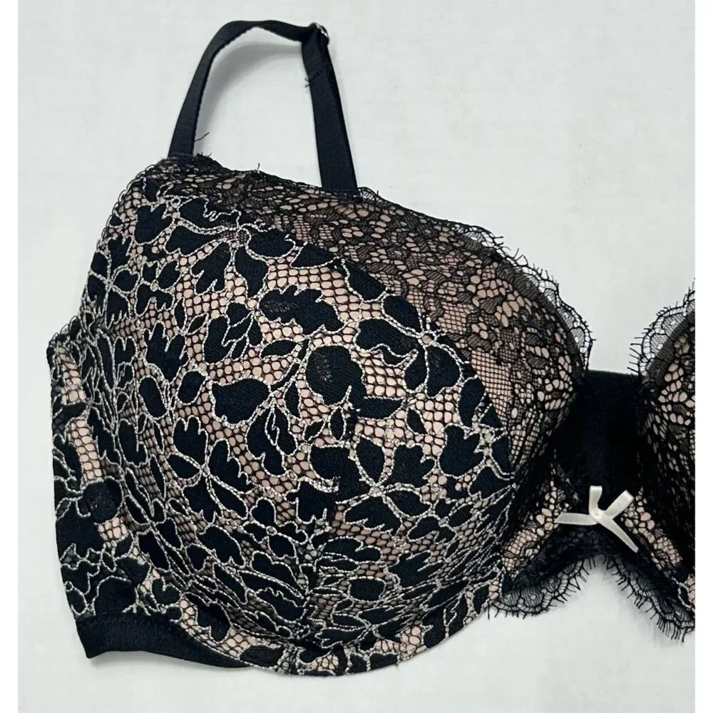 Victoria’s Secret Dream Angels Push Up Bra 36DD Black Floral Lace Lined Wired